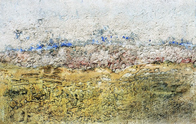 HORIZONT T April  2007

115x145 cm (Re von 2005)

Asche,Felsstaub aus Mallorca,Farbsplitter der Decollagen der Graffities an dser Berliner Mauer (Mauerpark),Pigmente,Acryl,Tusche auf Leinwand