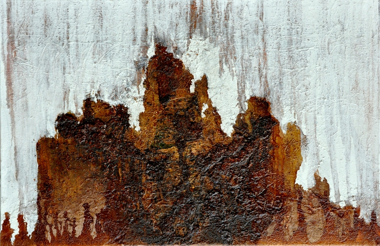 PUNA     April 2009  ü

90x145 cm

Asche,Acryl,Pigmente,Schellack,Holzkohle auf Leinwand