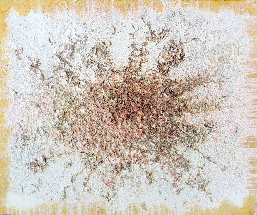 SHUKUYAKU 27.Mai 2014 

100x120 cm

Getrocknete Blütenblätter,Staub,Sand, Pigmente, Schellack auf Leinwand