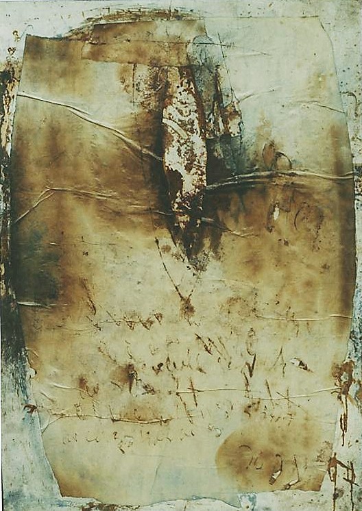 aus dem Bilderzyklus MUTTERLAND

1997, Asche, Acryl, Pigmente, Staub, Graphit, Bitumen auf Karton

