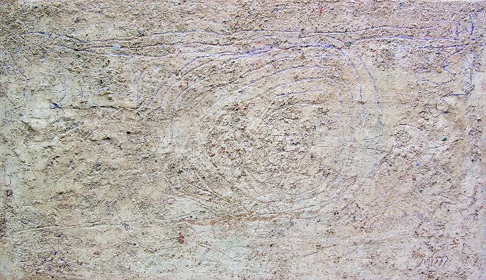 IRU   2006

130x160cm

Steinstaub aus Mallorca,Splitter der Graffitis an der Berliner Mauer (Mauerpark) Pigmente,Acryl,Beize  auf Leinwand