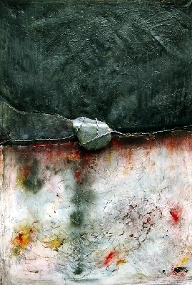 GREYSTONE   148x96 cm   1992



Acryl,Stahldraht,Stein aus dem Rhein, Bitumen,Graphit Buntstift auf leinwand