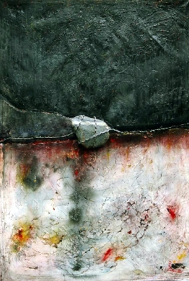 GREYSTONE   148x96 cm   1992



Acryl,Stahldraht,Stein aus dem Rhein, Bitumen,Graphit Buntstift auf leinwand