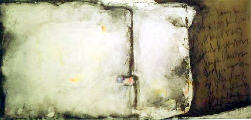 PICE OF WALL    1992  v

130x263cm

Graphit,Kohle,Bitumen,Rupfen,Acryl auf Leinwand