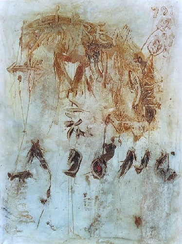 ADONAI  1999  HM

205,5 x 155  cm

1999, Asche, Acryl, Pigmente, Staub auf Leinwand
