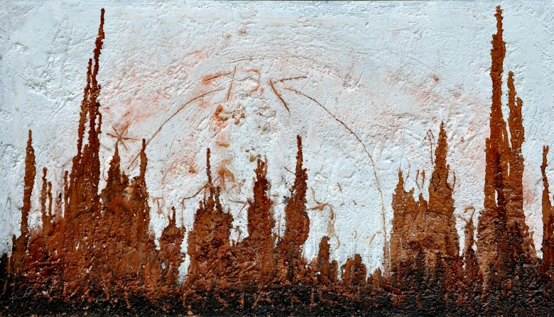 KADAI  April 2009

80x141 cm

Asche,Acryl,Pigmente,Schellack,Holzkohle auf Leinwand